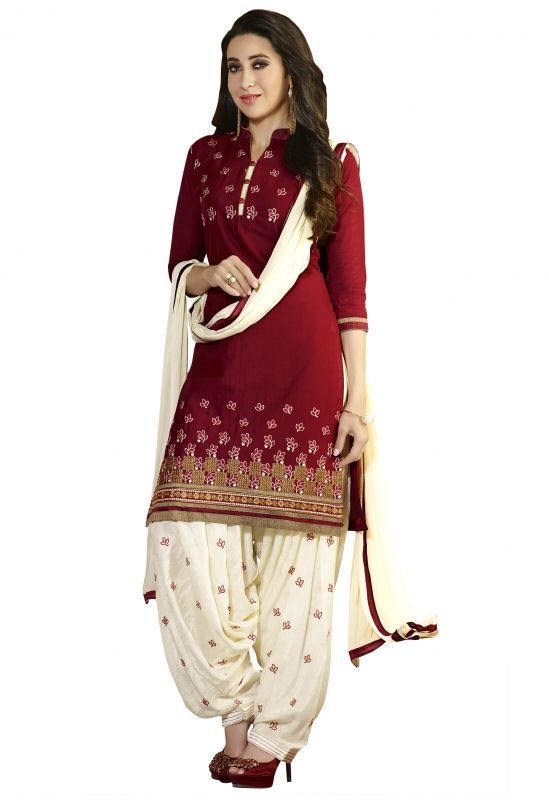 Buy Banorani Maroon & Cream Cotton Embroidered Semistitched Patiala Salwar Suit online
