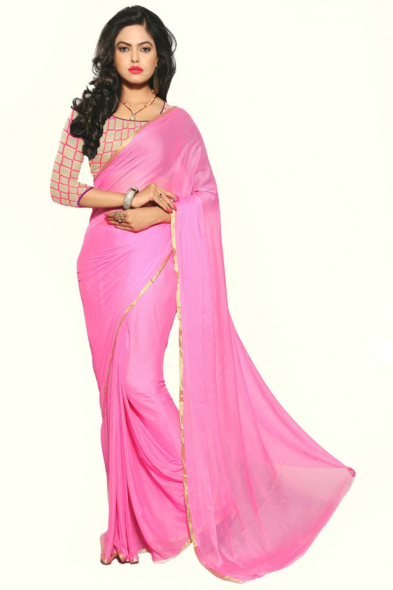 Buy Aar Vee Light Pink Colour Nazmin Plain Saree With Net Unstitched Blouse online