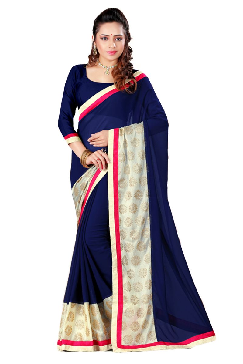 Buy Aar Vee Navy Blue Colour Embriodered Faux Georgette Saree With Unstitched Blouse online