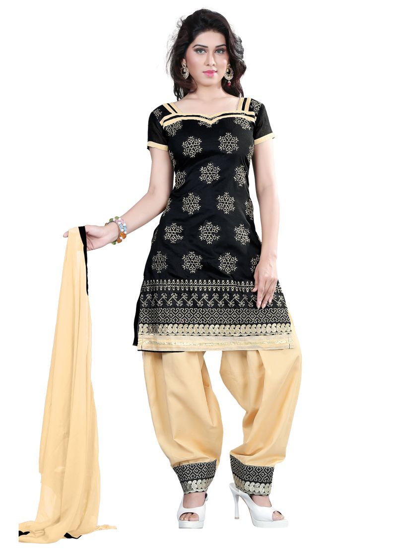 Buy Shree Vardhman Black Embroidered Chanderi Top Straight Unstiched Dress Material online