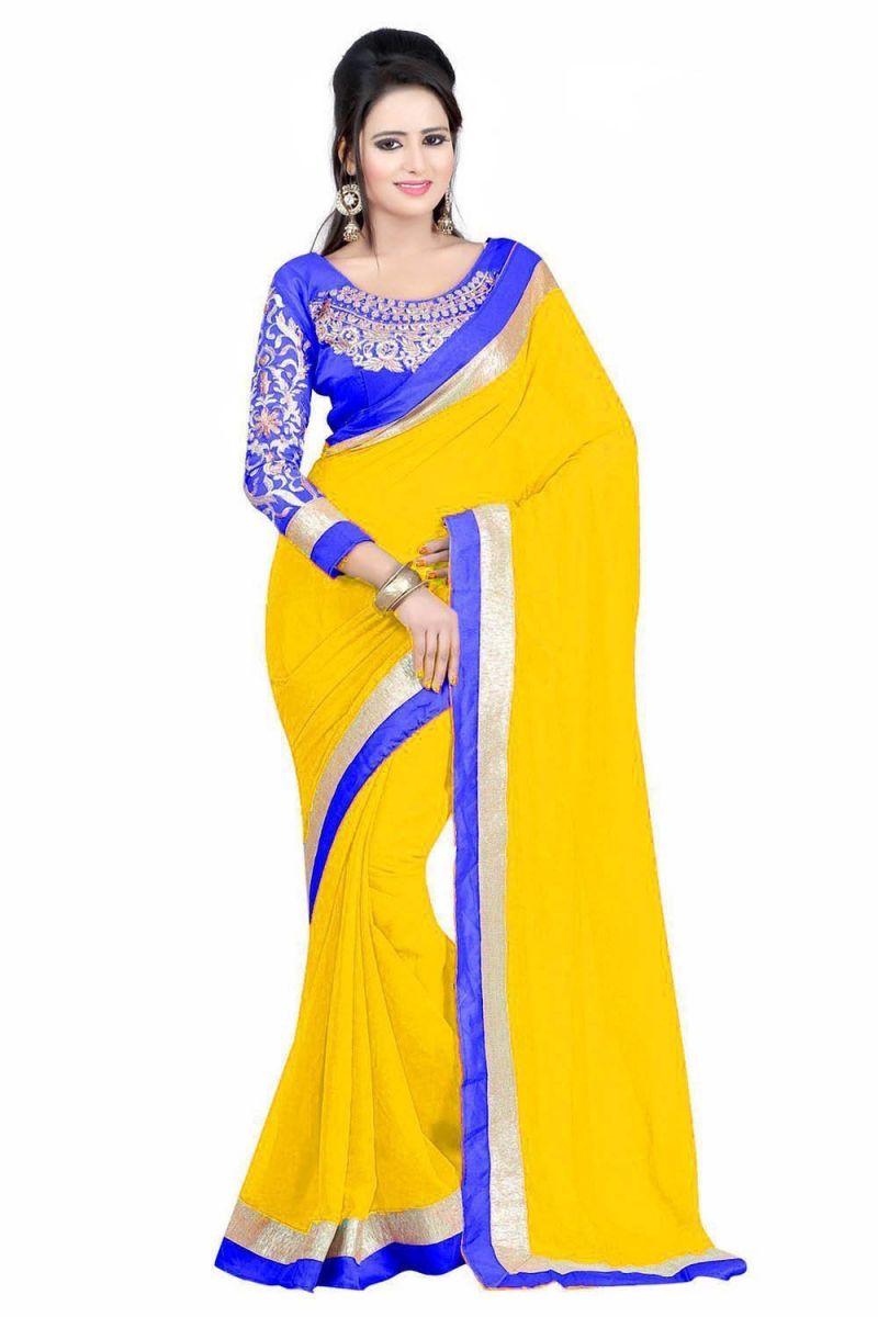 Buy Fabkaz Women Chiffon Yellow Colour Embroidey Designer Saree online