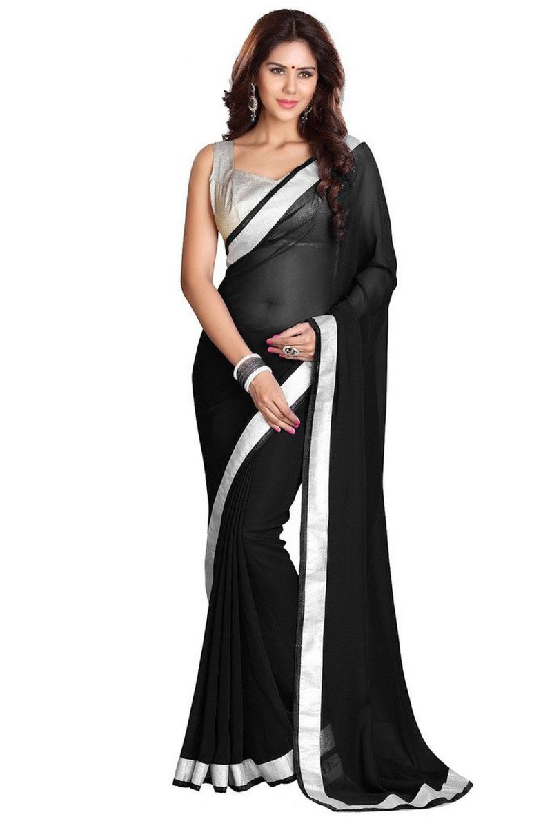 Buy Fabkaz Women Chiffon Black Colour Lace Broder Work Designer Saree online