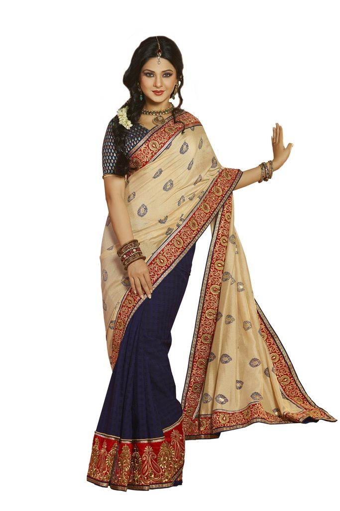 Buy Vipul Womens Heavy embroideried Faux chiffon Art Dupion Silk Half n Half saree online