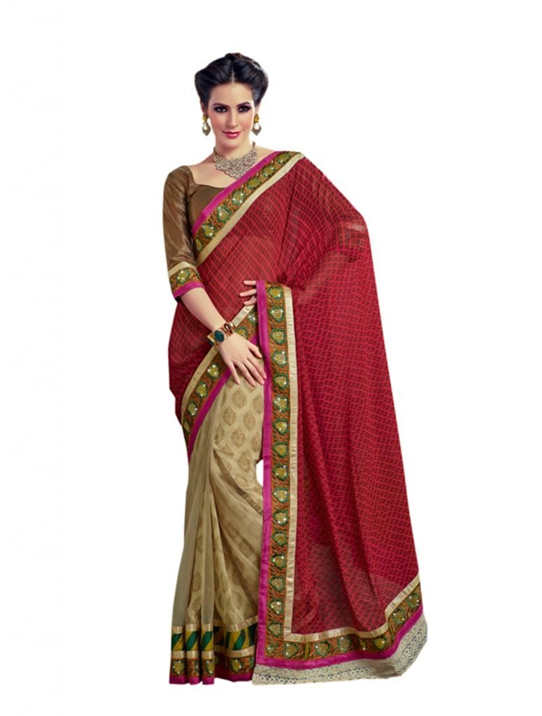Buy Vipul Heavy Embroidery Red & Gold Satin Jacquard Half & Half Saree online