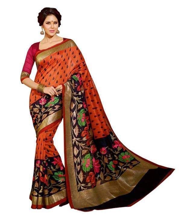 Buy Nilkanth Orange Printed Bhagalpuri Silk Printed Saree With Blouse - (product Code - Ssc005-maroon-chappa) online