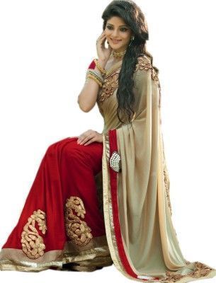 Buy Bikaw Designer Beige And Red Color Embroidered Beautiful Saree online