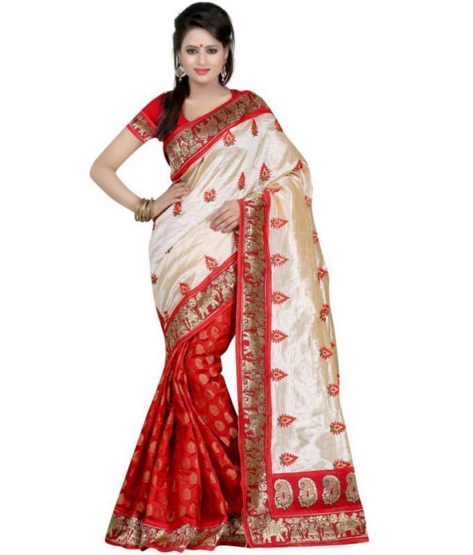 Buy Kia Fashions Red Color Silk Touch Bhagalpuri Saree online