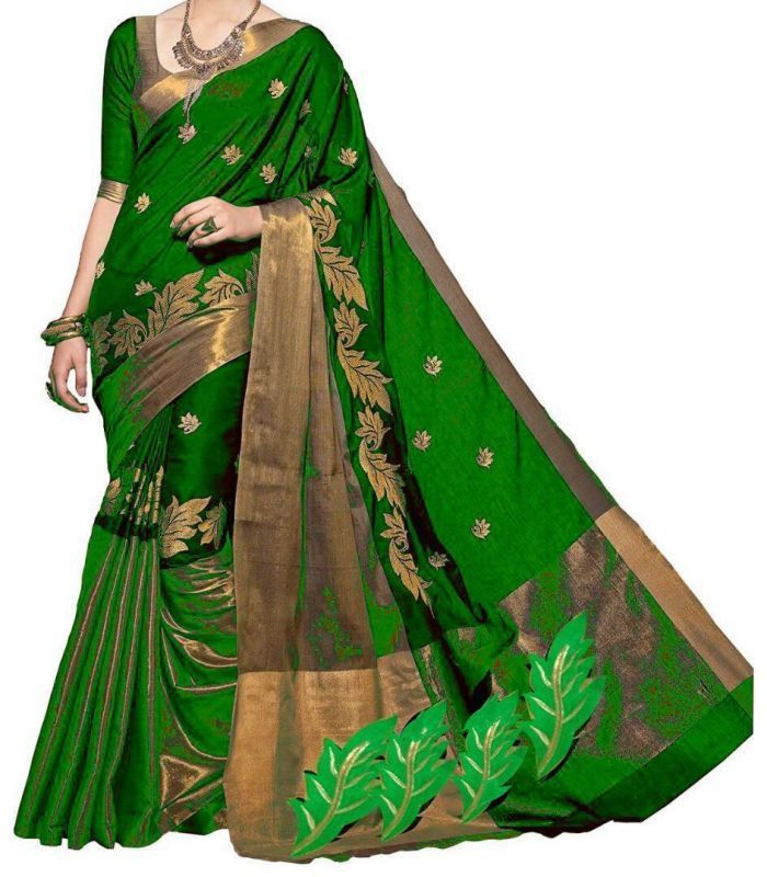 Buy Mahadev Enterprises Green Color Cotton Silk Embroidery Work Saree With Unstitched Blouse Pics Pf38 online