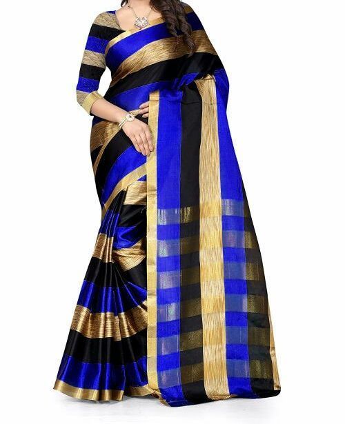 Buy Mahadev Enterpris Blue Color Cotton Silk Saree With Unstitched Blouse Picsmpf32 online