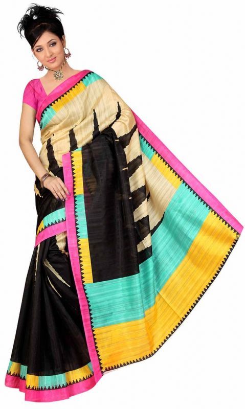 Buy Nilkanth Black Printed Bhagalpuri Silk Saree With Blouse - (product Code - Mf001-0056) online