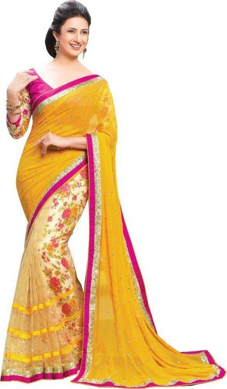 Buy Styloce Yellow Georgette Saree online