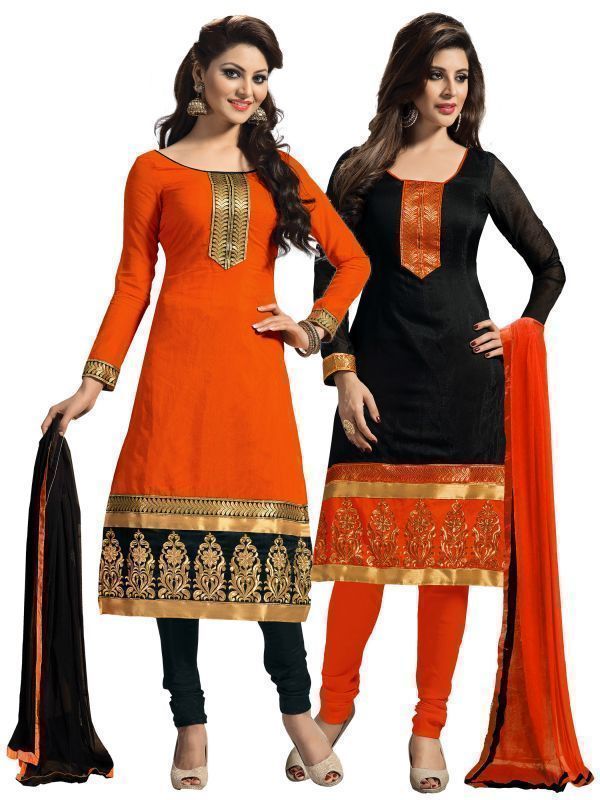 Buy Shonaya Set Of 2 Black & Orange Printed Chanderi Cotton Dress Material online