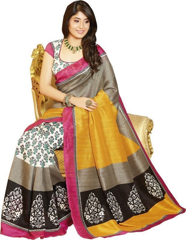 Buy Styloce Bhagalpuri Silk Printed Grey & Yellow Saree online
