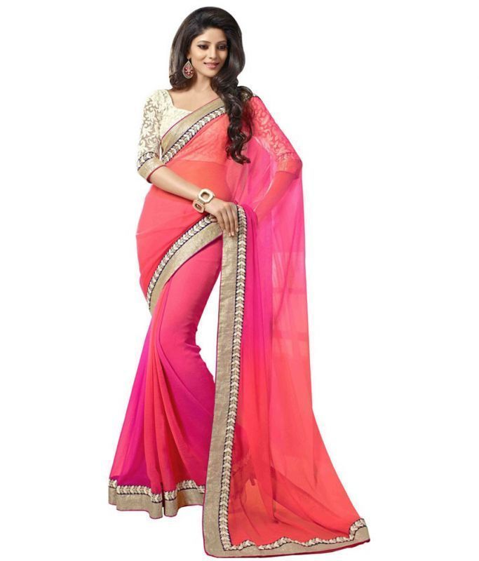 Buy Kasturi Pink & Grey Chiffon Saree With Lace Border And Unstitched Blouse online