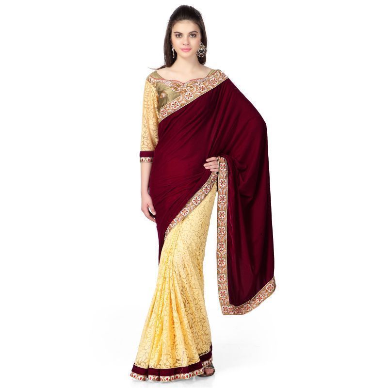 Buy Shopeezo Daily Wear Maroon & Beige Color Chiffon & Brasso Saree/sari online