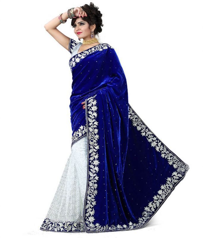 Buy Fabkaz Women Velvate Blue Colour Embroidey Lace Border Work Designer Saree online