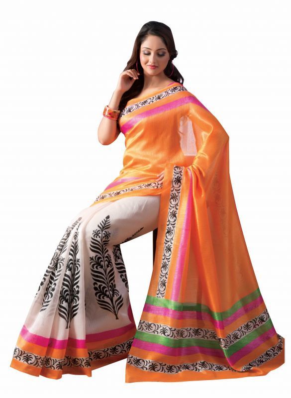 Buy Fabliva Orange & Offwhite Printed Bhagalpuri Saree Fds134-197 online
