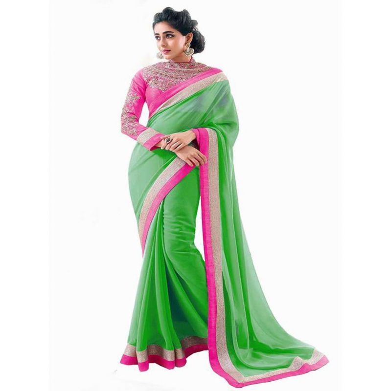 Buy Green Chiffon Fabric Exclusive Stylish Saree online