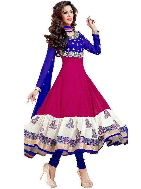 Buy Women's Blue Net Raw Silk Party Wear Anarkali Dress Salwar online