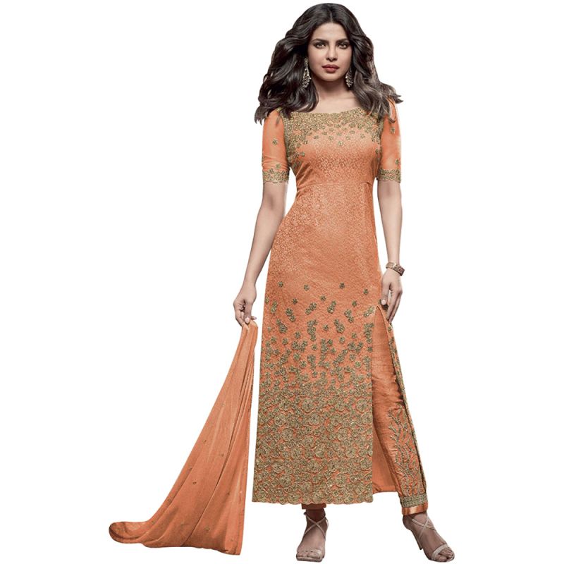 Buy Bollywood Replica Designer Very Attractive Priyanka Chopra Orange Embroidered Straight Cut Salwar Kameez online