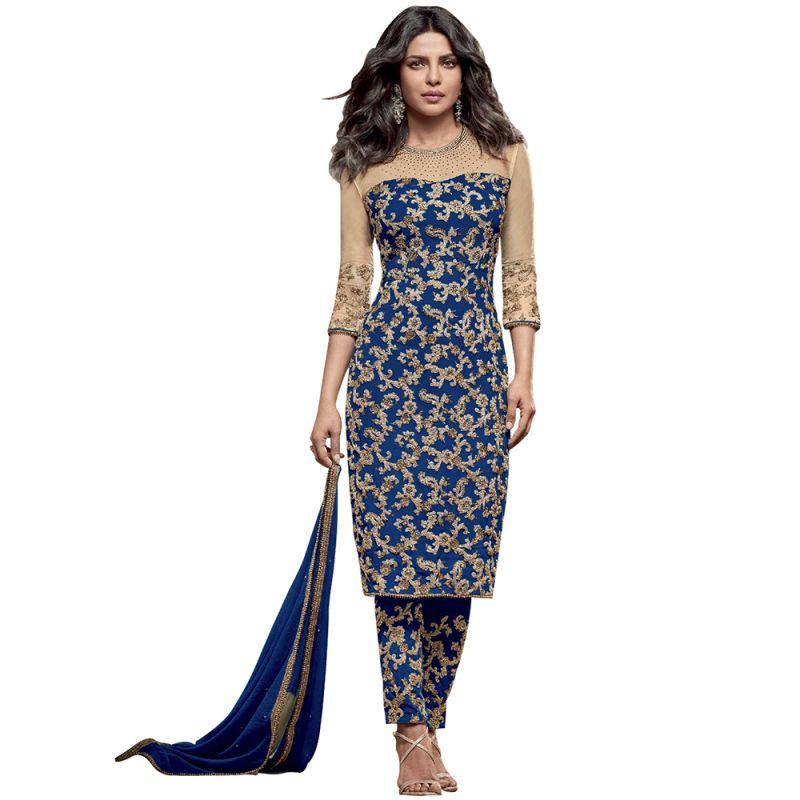 Buy Bollywood Replica Designer Very Attractive Priyanka Chopra Blue Embroidered Straight Cut Salwar Kameez online