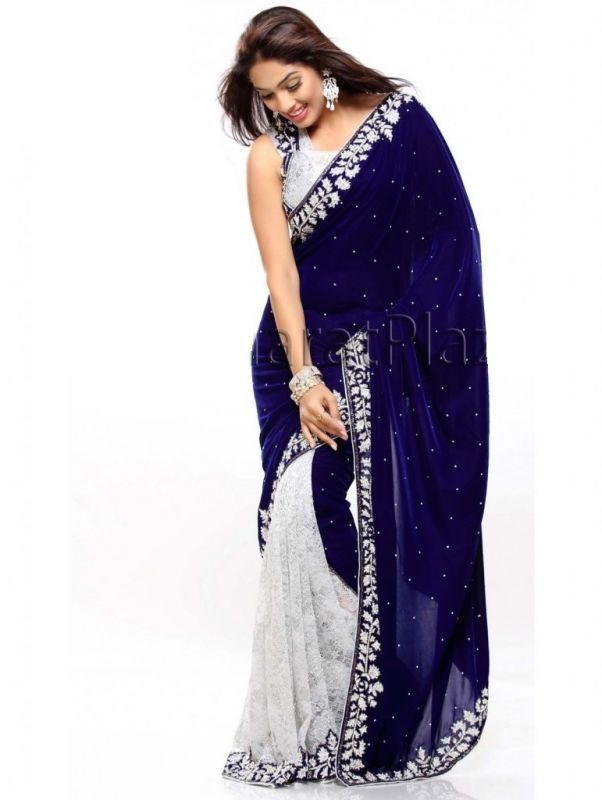 Buy Morpich Fashion New Designer Blue And White Velvet Saree(mfs052) online