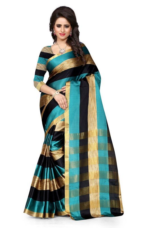 Buy Mahadev Enterprises Green & Black Color Cotton Silk Saree With Unstitched Blouse Pics online