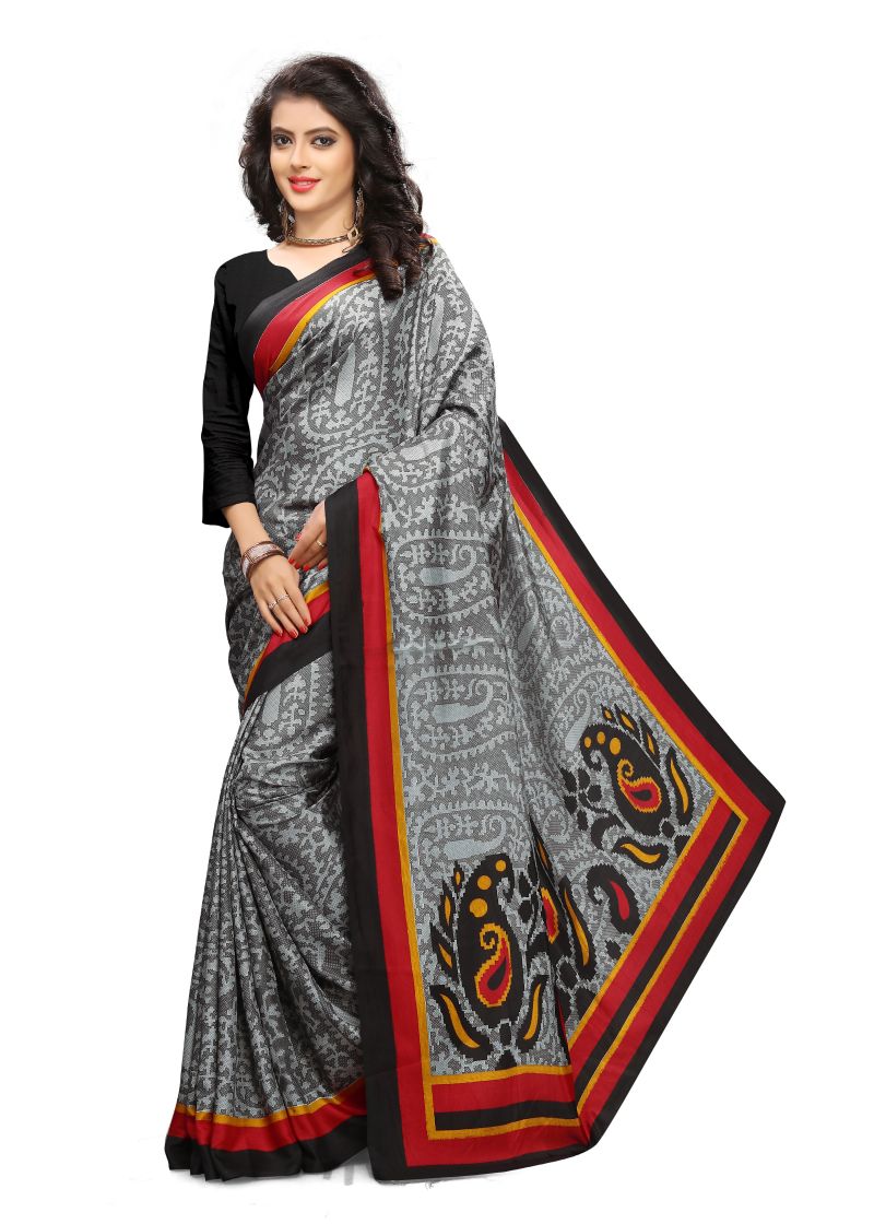 Buy Kotton Mantra Grey Silk Printed Designer Saree With Blouse Piece (kmsilk23) online