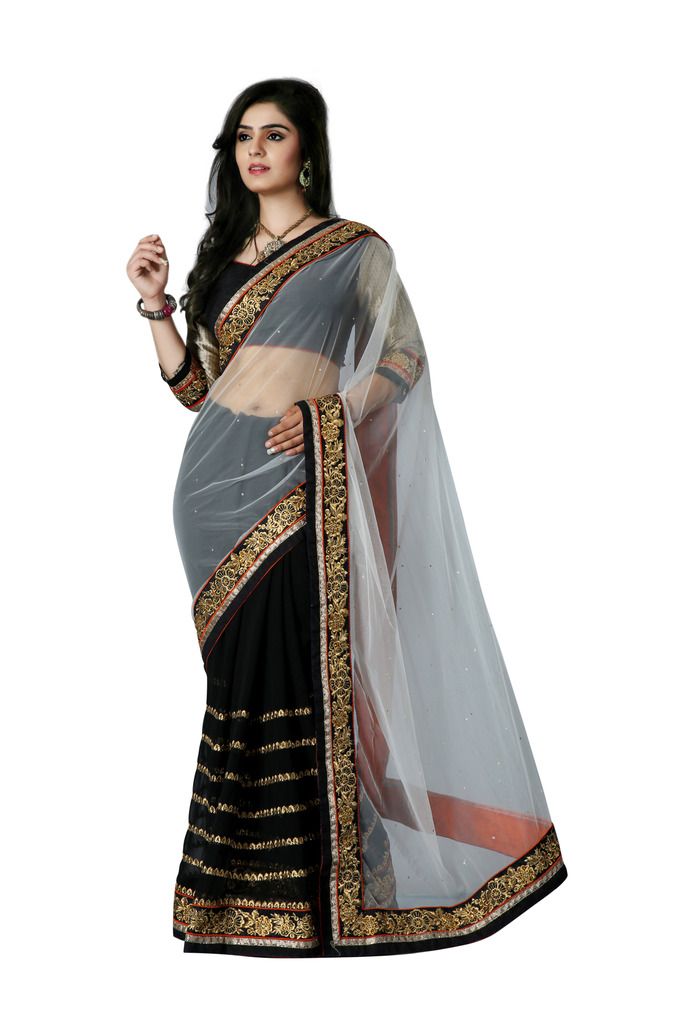 Buy Palash Fashion's White And Black Color Embroidered Fancy Designer Saree (product Code - Pls-ps-luxury-4312) online