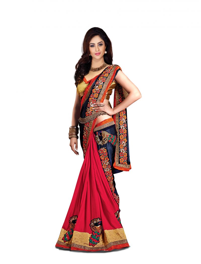 Buy Pavitra Creation Multi Colored Georgette Partywear Embroidery&diamond Work Half And Half Saree With Blouse Mor Saree online