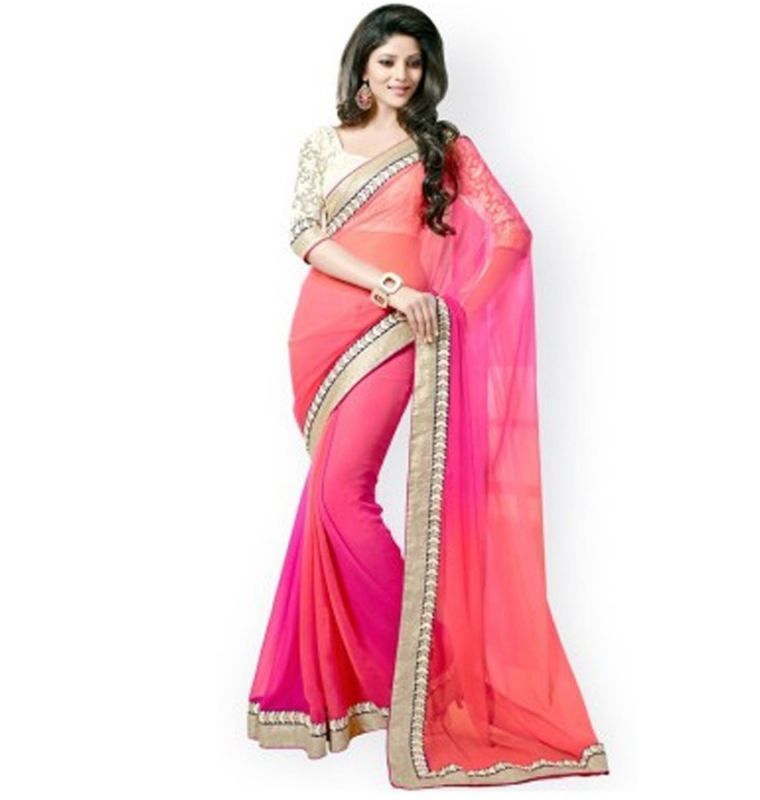 Buy Sona Ceation Pink colour Georgette Saree With Unstitched Brasso Blouse Piece online
