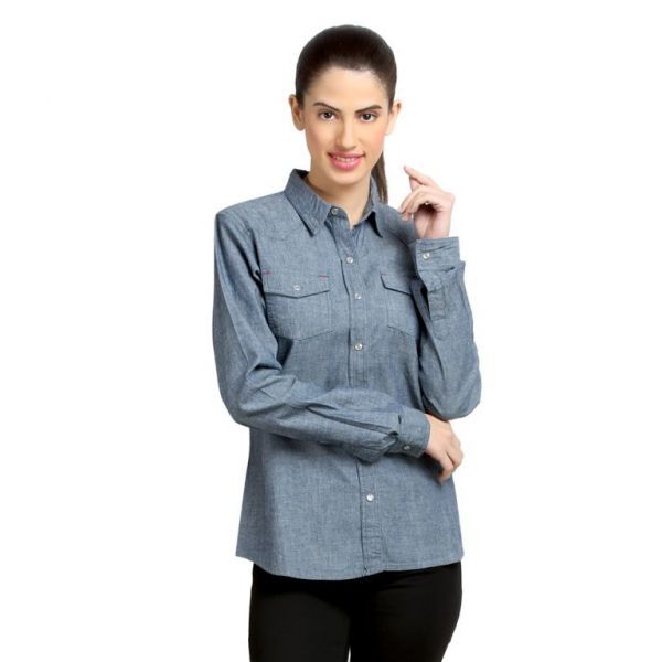 Buy Loco En Cabeza Blue Denim Washed Womens Button Down Shirt-(product Code-czwt0054) online