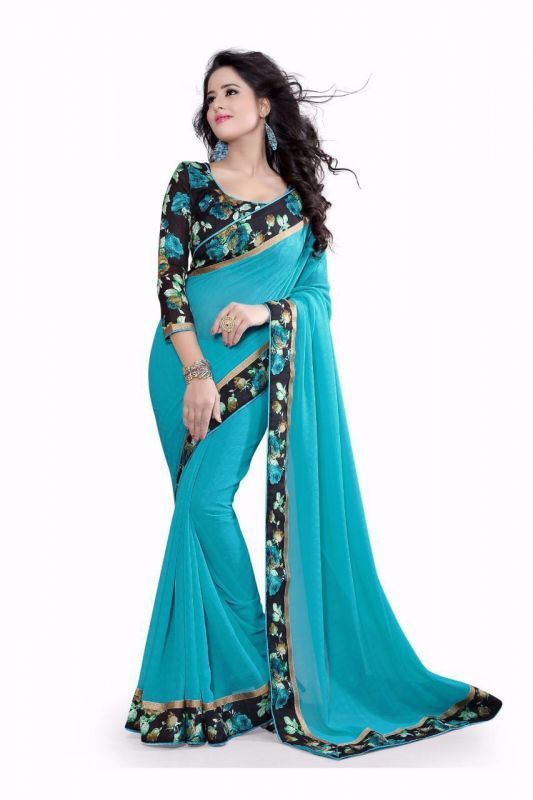 Buy Aanya Blue Georgette Solid Lace Work Party Saree-aarohi_1058 online