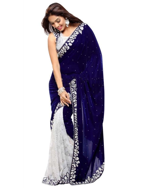 Buy Pr Fashion Heavy Designer Velvet Rasal Net Gota Blue Embroidered Saree With Unstitched Blouse online