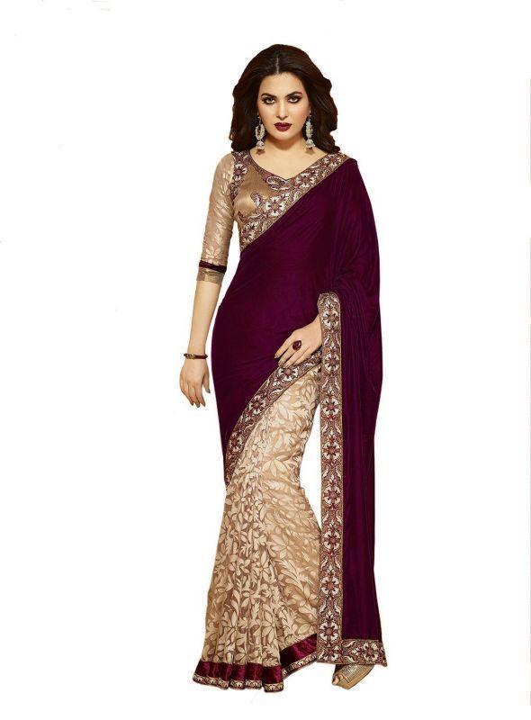 Buy Shopeezo Daily Wear Maroon & Beige Color Velvet & Brasso Saree/sari online