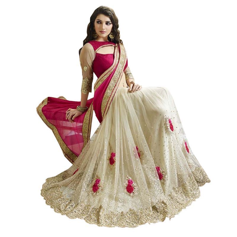 Buy Fab Dadu Designer Pink And White Georgette And Net Saree online