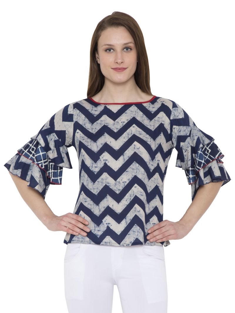 Buy Hive91 Blue Ruffled Top Abstract Print Design Party Tops For Women online