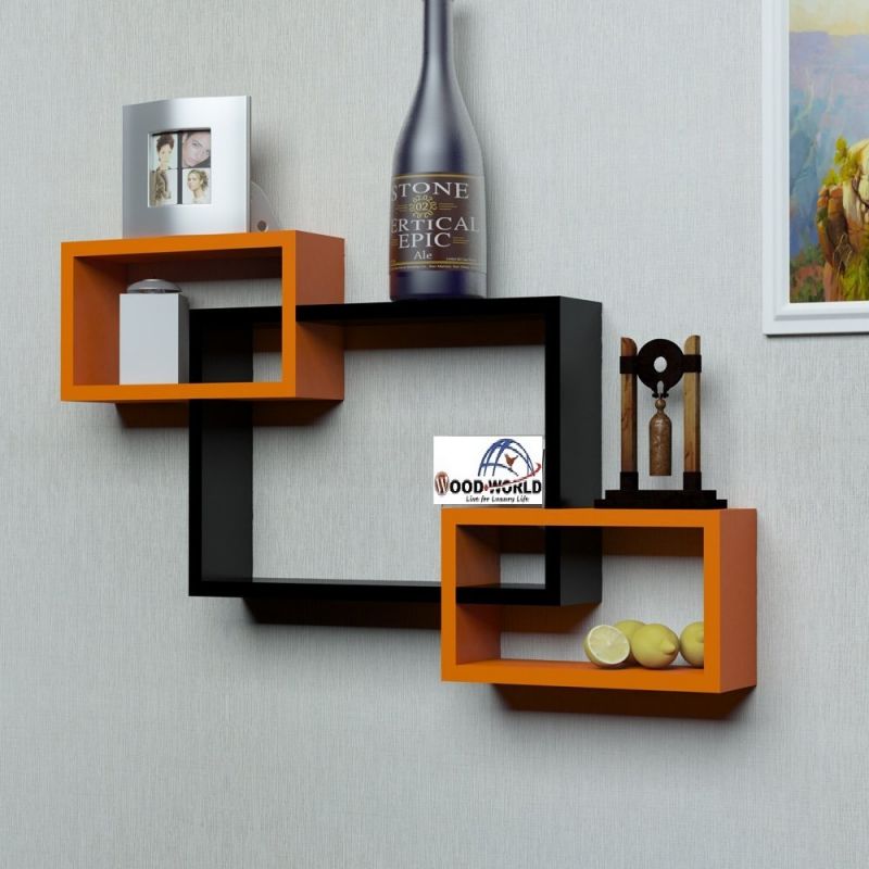 Woodworld Wooden Intersecting Storage Wall Shelves Rack 3 Black And Orange