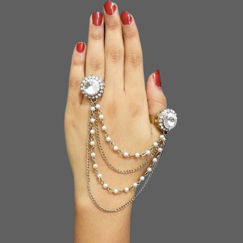 Buy Jewelmaze White Pearl Austrian Stone Tassel Chain Double Finger Ring( Code - Faj0150) online