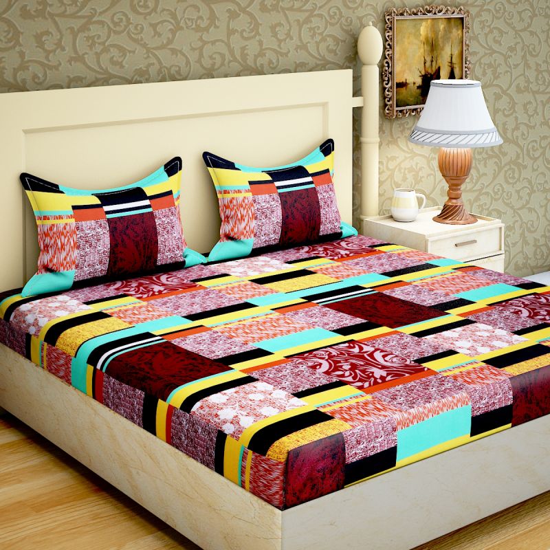 Buy Pure Cotton Multicolor Double Bedsheet & 2 Pillow Covers from Panipat online