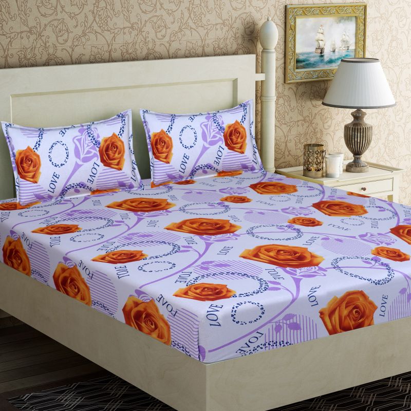 Buy Pure Cotton Double Bedsheet & 2 Pillow Covers from Panipat - Orange Flower Pattern online