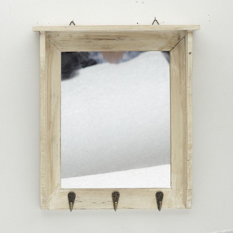 Vintage Finish Beige Wood Key Rack With A Mirror And Hooks Vintage Finish Beige Wood Key Rack With A Mirror And Hooks