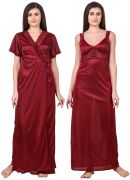 Fasense Women Satin Maroon Nightwear 2 PC Set Of Nighty & Wrap Gown Om007 D