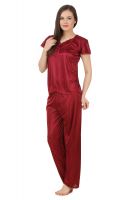 Fasense Women's Satin 6 PCs Nighty, WrapGown,Top,Pyjama,Bra & Thong