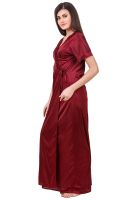 Fasense Women Satin Maroon Nightwear 2 Pc Set Of Nighty & Wrap Gown