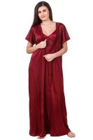 Fasense Women Satin Maroon Nightwear 2 PC Set Of Nighty & Wrap Gown Om007 D