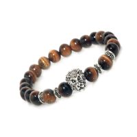Natural Tiger Eye Crystal With Lion Leo Sign Simha Rashi Metal Charm Bracelet For Men And Women