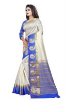 Mahadev Enterprise White And Blue Kanjiwaram Silk Saree With Running Blouse Pics