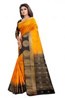 Mahadev Enterprises Orange And Black Kanjiwaram Silk Saree With Running Blouse Pics ( Code -bbc129e)