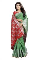 Mahadev Enterprise Green And Red Cotton Silk Silver Jacquard Saree With Running Blouse Pic